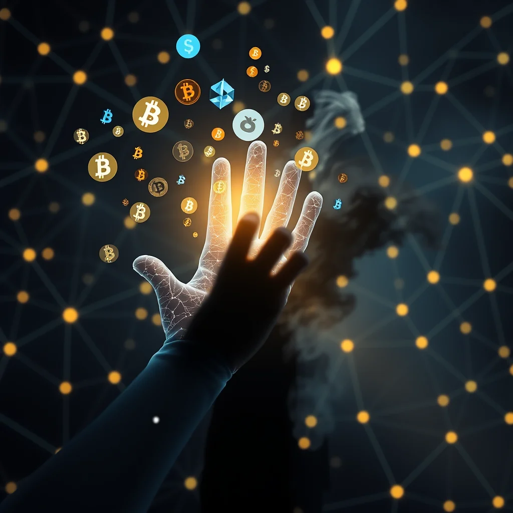 A glowing, wireframe hand reaches out into a dark, digital space filled with glowing Bitcoin and other cryptocurrency symbols against a backdrop of a connected network of lights.