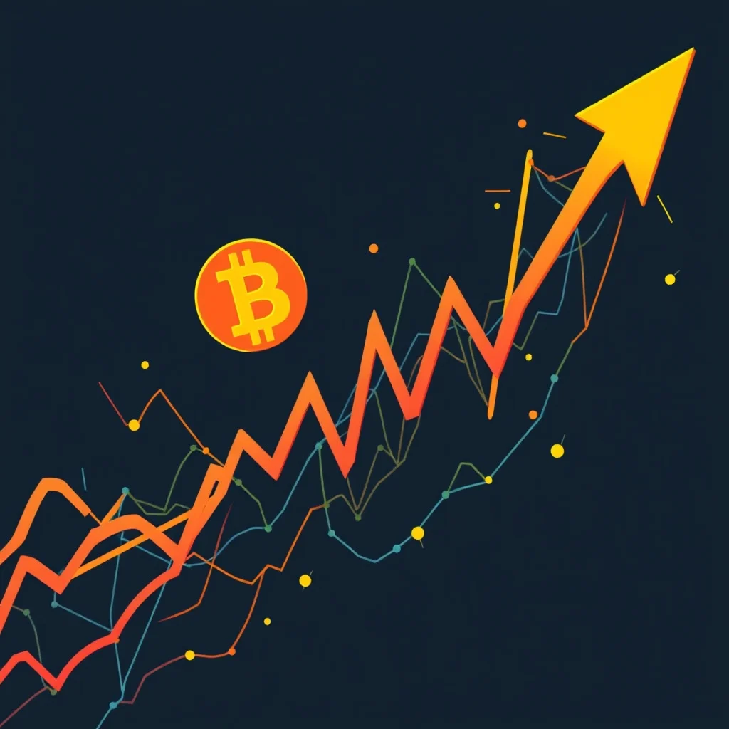 An illustration of a Bitcoin symbol on a dark blue background with a series of colorful, jagged lines representing a stock market chart, culminating in a large, upward-pointing yellow arrow.