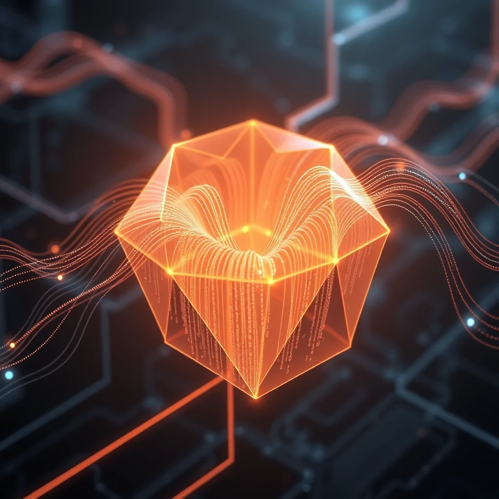 An abstract representation of a hexagonal prism with a swirling vortex of orange light and digital data flowing into and out of it, set against a dark, circuit-like background.