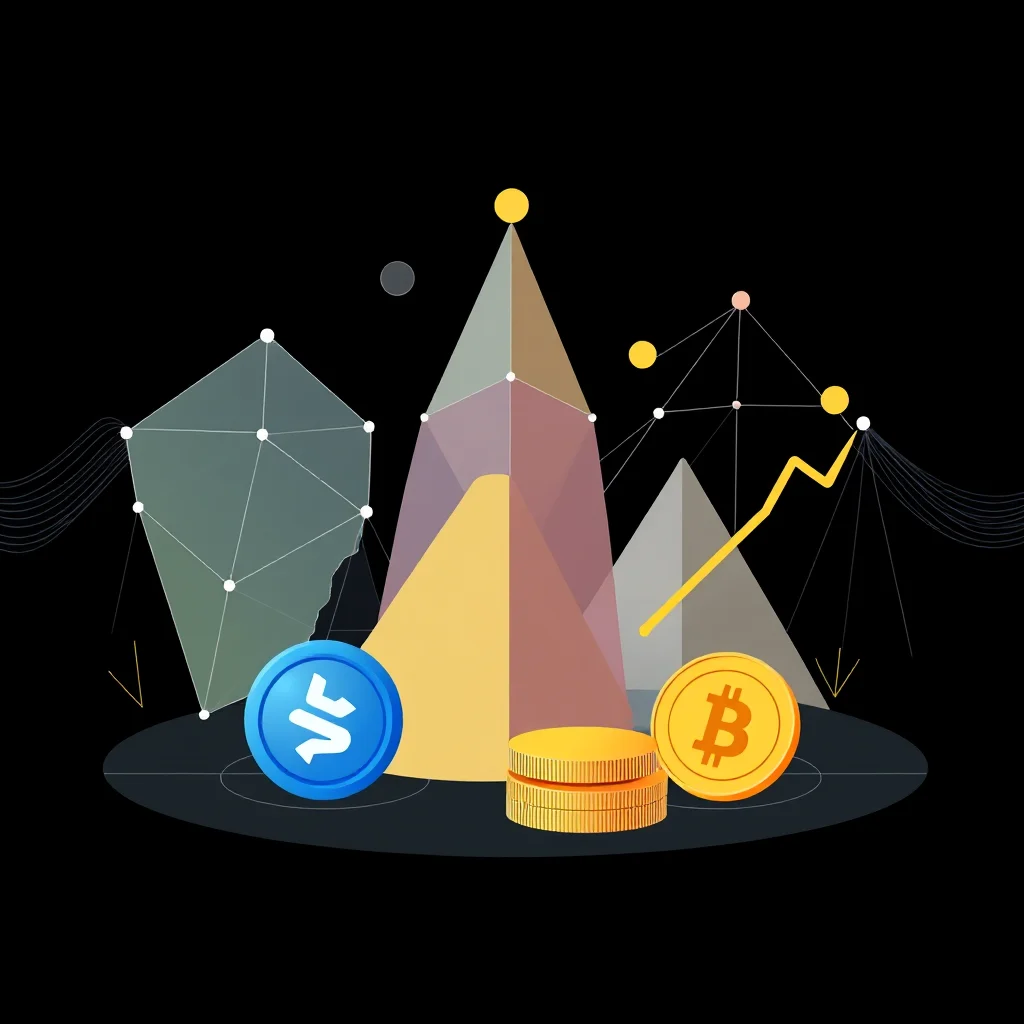 Illustration of cryptocurrency coins and abstract geometric shapes representing data analysis and growth.