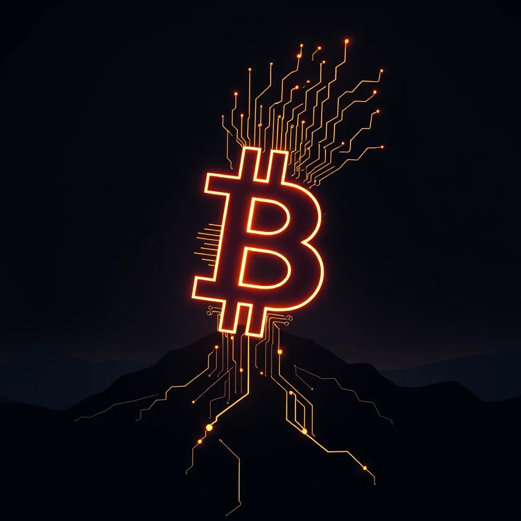 A neon orange Bitcoin symbol hovers above a dark mountain range, with illuminated circuit board patterns extending from its base and spreading out across the landscape like glowing veins.