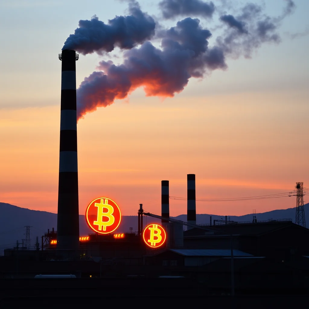 A factory with a smoking chimney and two large Bitcoin logos at sunset.