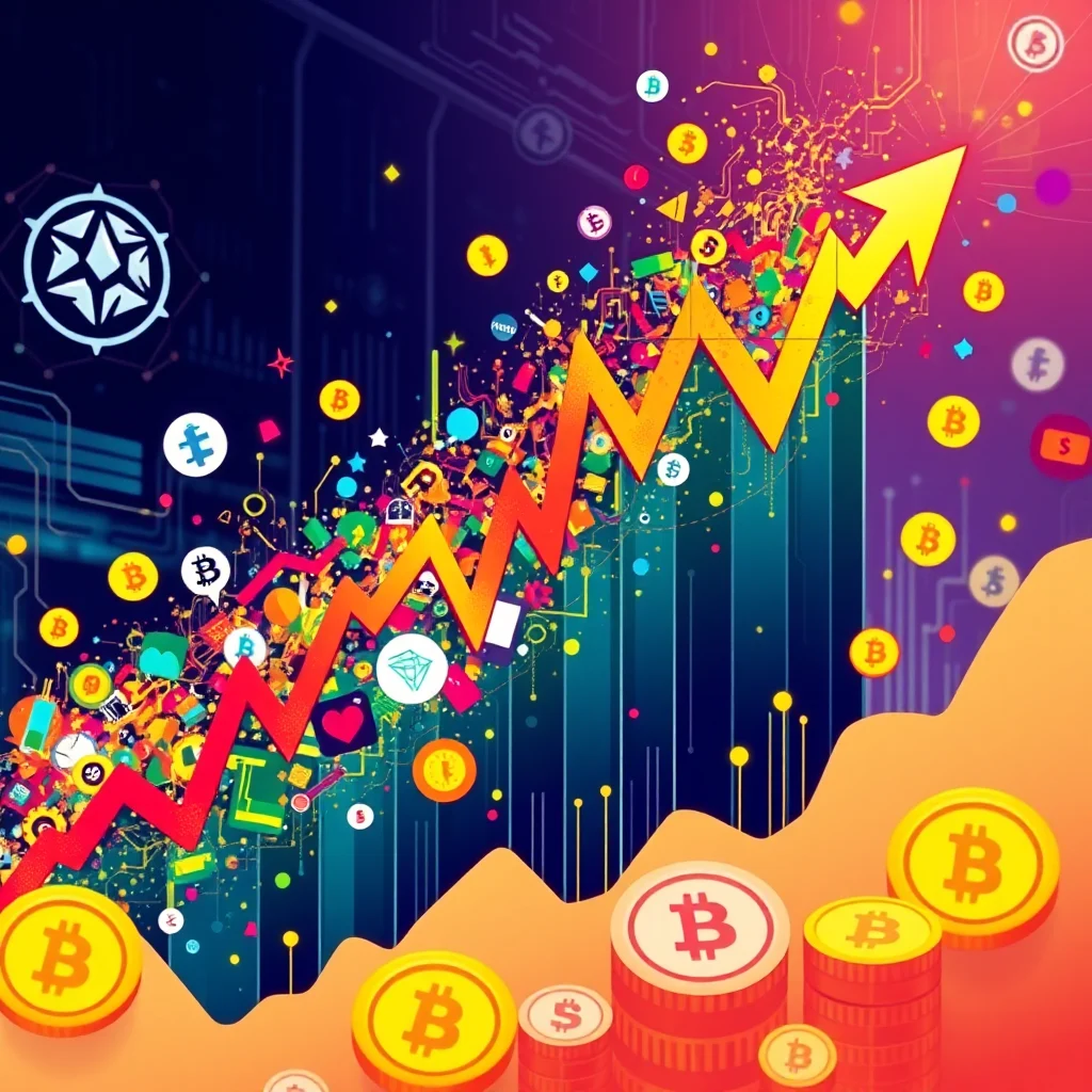 An abstract digital art piece depicting a red and orange jagged line graph rising steeply upwards, superimposed on a dark blue and purple background with stylized circuit board patterns and data streams. The graph is adorned with numerous colorful, abstract shapes and cryptocurrency symbols like Bitcoin, Ethereum, and others, creating a vibrant, energetic effect. Several golden Bitcoin coins are stacked in the foreground, with one prominent coin on the left and more coins of varying sizes stacked to the right. The overall impression is one of financial growth and success within the cryptocurrency market.