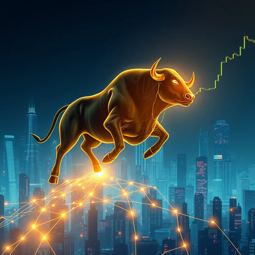A golden bull charges forward over a network of glowing orange lines against a backdrop of a futuristic cityscape and a rising stock market graph.