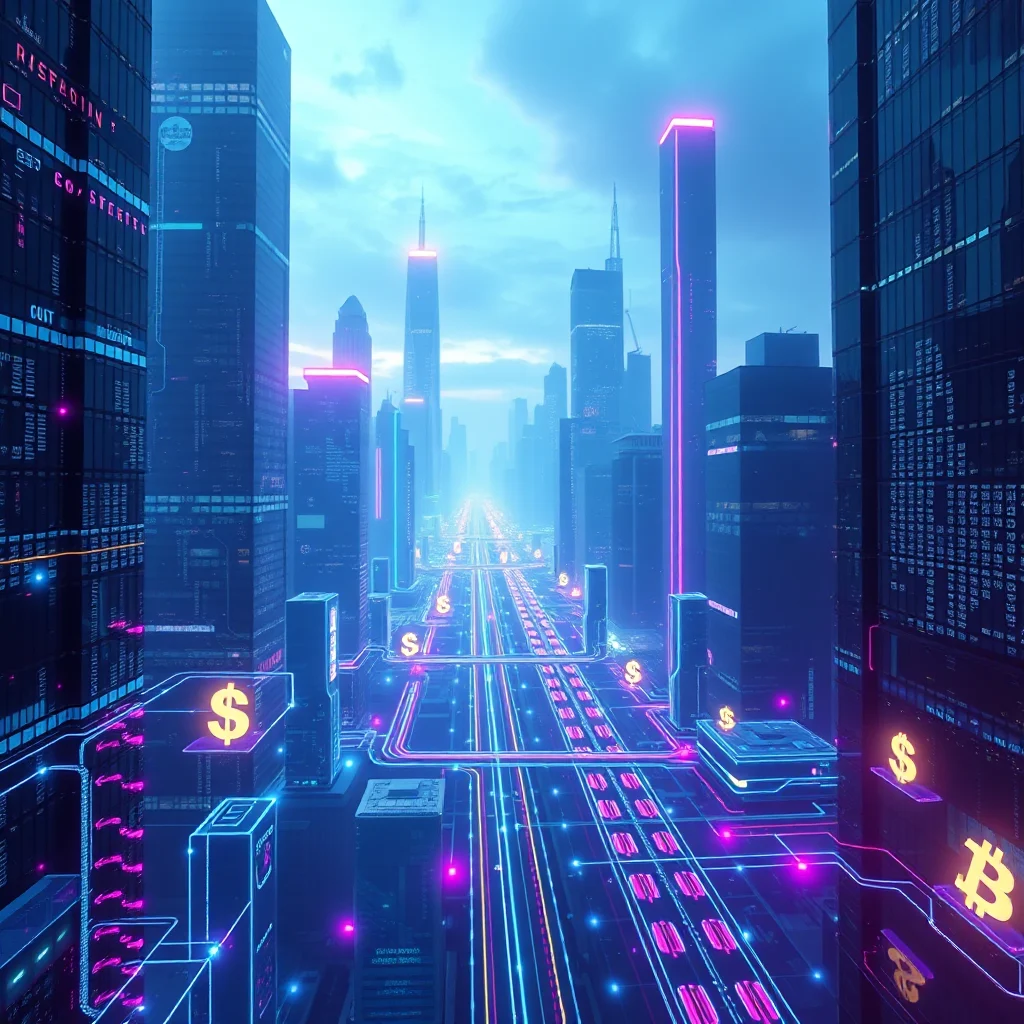A futuristic cityscape bathed in neon blue and pink light, with towering skyscrapers and illuminated data streams running through the streets, punctuated by glowing dollar signs and a prominent Bitcoin symbol.