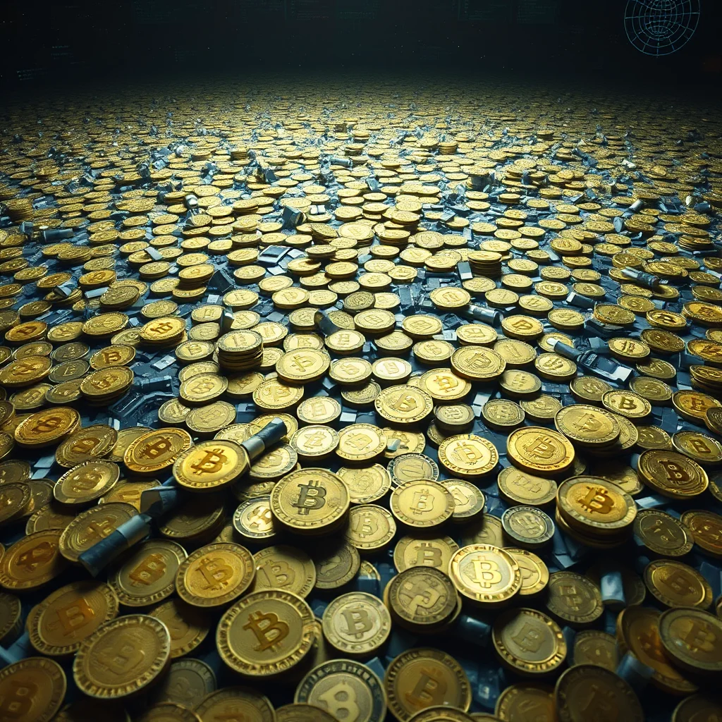 A vast expanse of golden Bitcoin coins, stretching towards a dark, futuristic background.