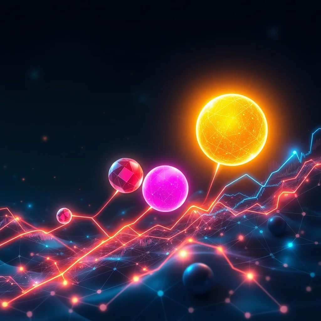 A glowing yellow orb, resembling a sun, hovers above a complex network of glowing red and blue lines that form a dynamic graph. Several smaller, translucent spheres in shades of pink and red are connected to the graph by thin red lines. The background is dark, with scattered small blue and orange lights, creating a futuristic and abstract representation of data or finance.