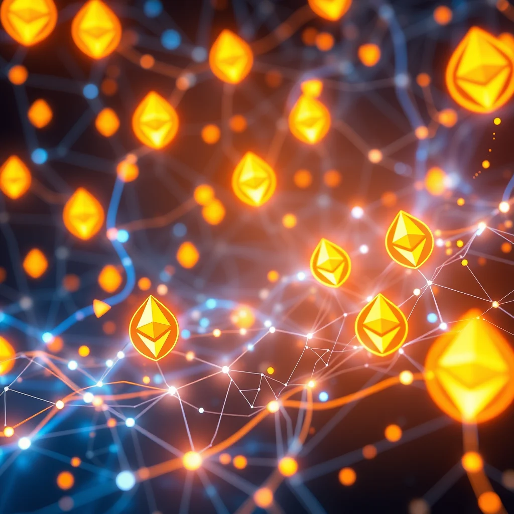 An abstract visualization of a decentralized network, with glowing Ethereum symbols at the nodes, connected by luminous blue and orange lines against a dark background.