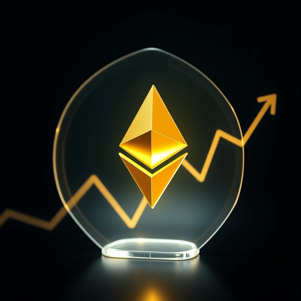 A golden Ethereum cryptocurrency symbol is displayed on a transparent acrylic stand, set against a dark background. Behind the symbol, a yellow line graph shows a rising trend, indicating growth and profit. The overall image conveys a positive outlook on the Ethereum cryptocurrency.