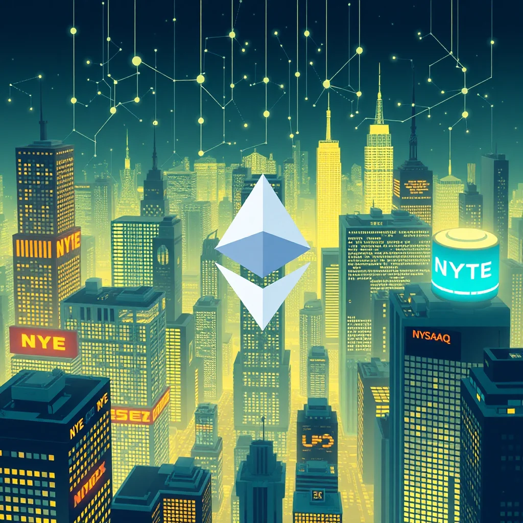 An abstract illustration depicts a stylized cityscape with a prominent Ethereum logo at its center, set against a background of interconnected glowing nodes and lines. Buildings of varying heights are illuminated with a warm, yellow glow, suggesting a vibrant, active environment. Several buildings feature prominent text labels such as "NYE," "NYSAAQ," and "NYTE," which add to the futuristic and possibly financial or technological theme of the artwork.