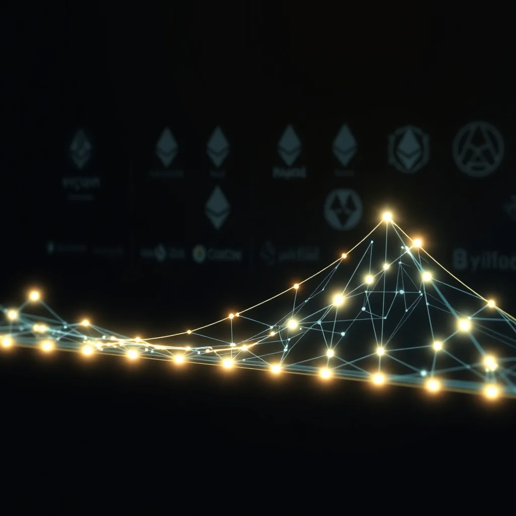 A 3D render of a glowing line graph with nodes, superimposed over a dark background featuring various cryptocurrency logos.
