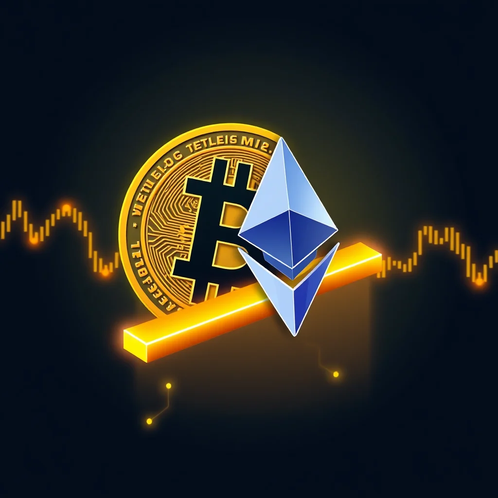 Bitcoin and Ethereum logos on a golden bar with a dark background and glowing orange financial charts.