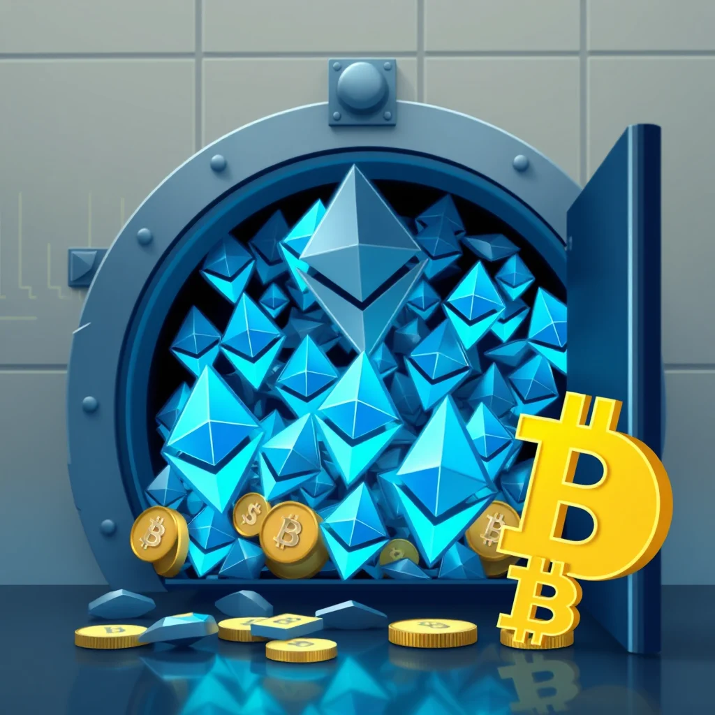 A vault door is open, revealing a treasure trove of glowing blue Ethereum symbols spilling out. In front of the vault, a large, golden Bitcoin symbol stands prominently, with several gold coins scattered on the reflective floor.