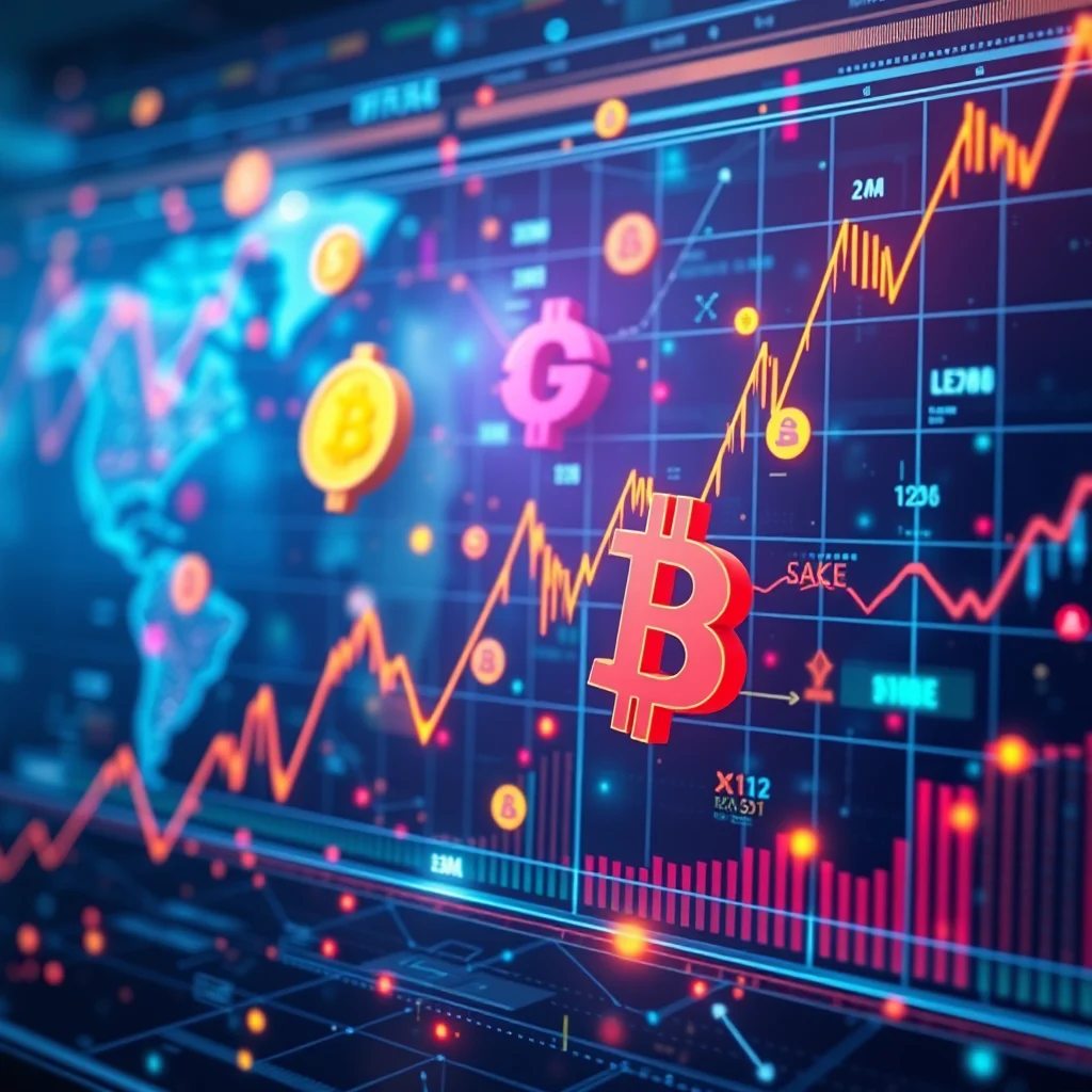 A 3D render of a digital stock market graph showing the Bitcoin symbol prominently in the foreground. The graph displays fluctuating orange and red lines against a dark blue background with grid lines and various other financial symbols, including a dollar sign and globe.