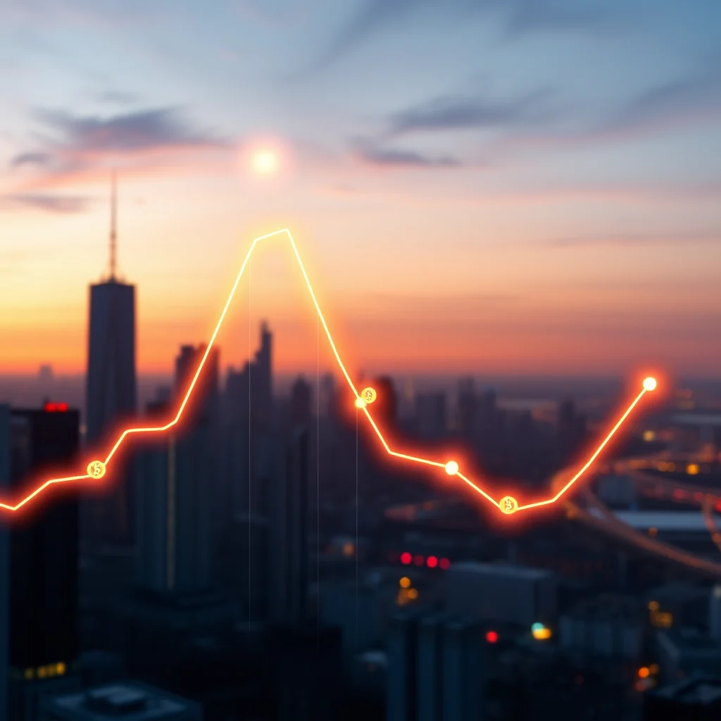 A bright orange line graph with glowing circular markers overlays a blurred cityscape at sunset. The graph depicts a fluctuating trend, rising sharply before declining and then rising again.