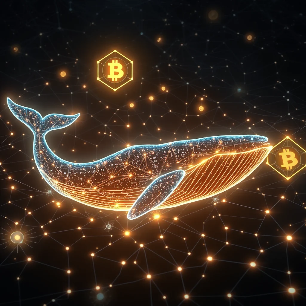 A glowing, digital whale made of intricate lines and nodes swims through a dark, star-filled cyberspace. The whale is outlined in bright blue and orange, with a network of glowing points and lines forming its body. Two hexagonal Bitcoin symbols, glowing in gold, are positioned on either side of the whale. The background is a dark expanse filled with a network of interconnected glowing orange dots and lines, suggesting a vast digital network.