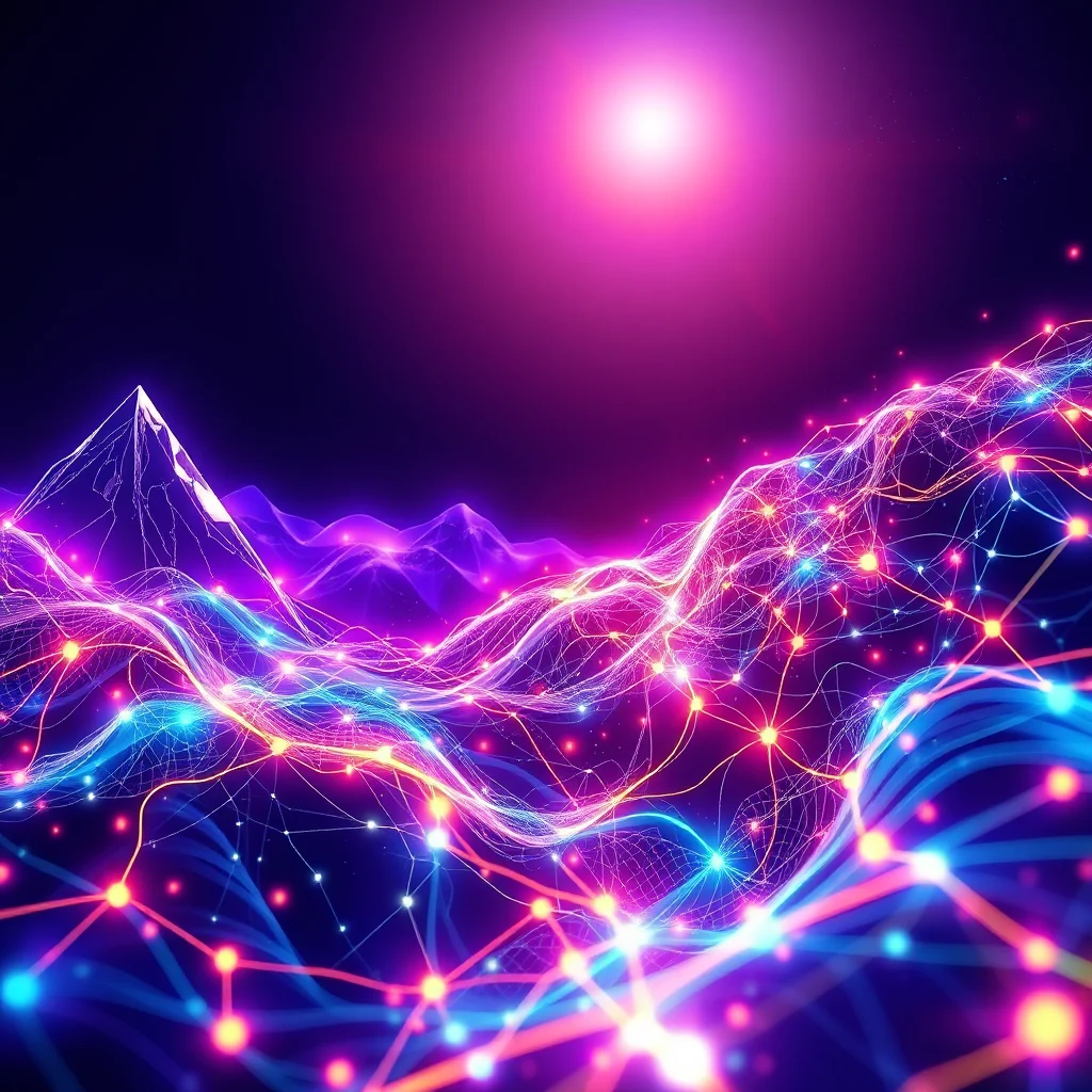 A digital landscape with glowing neon lines forming a network over stylized mountains, under a vibrant pink sky with a bright orb of light.