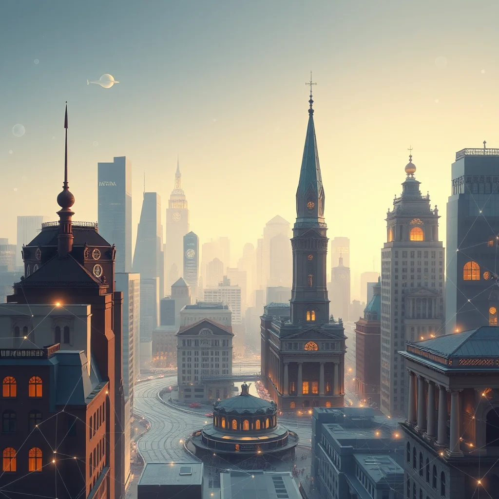 A dramatic aerial view of a sprawling cityscape at dusk, with towering skyscrapers and historic buildings bathed in the warm glow of a setting sun.
