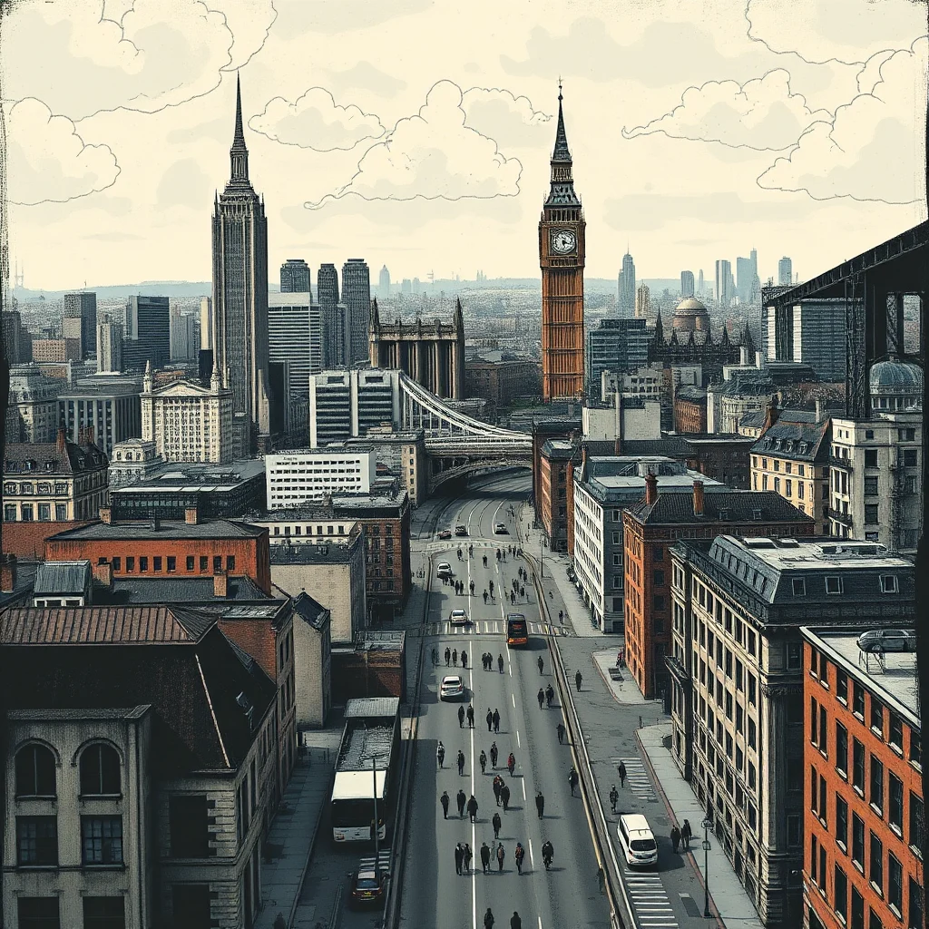 A high-angle view of a busy street in London, with Big Ben visible in the background.