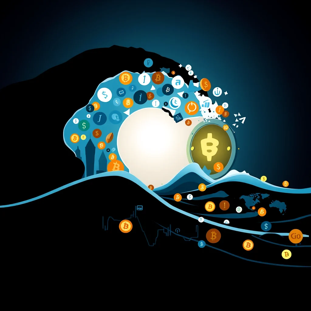 An abstract digital art illustration depicting a wave of cryptocurrency symbols and icons, including Bitcoin, flowing over a stylized cityscape and into a dark background.