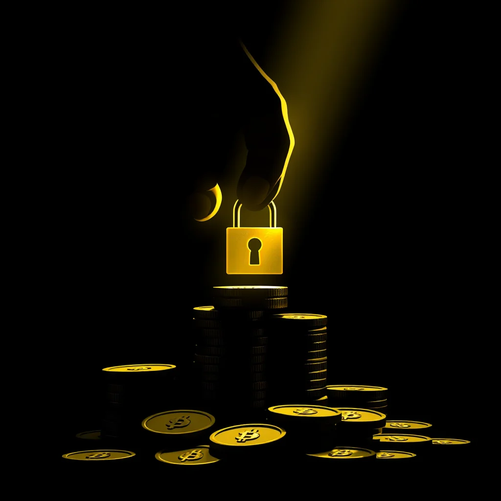 A golden padlock is held by a silhouetted hand above stacks of golden coins on a black background.