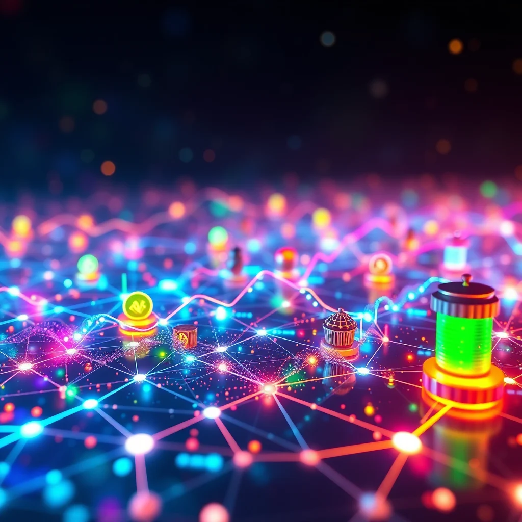 A network of glowing lines and nodes connects various symbolic objects, including a battery, a cage, and coins, against a dark, blurred background with bokeh lights.