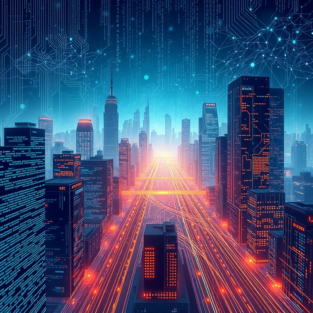 A futuristic cityscape bathed in neon blue and vibrant orange light, with towering skyscrapers adorned with glowing circuit board patterns and lines of code. A central, illuminated pathway stretches into the distance, lined with a network of glowing orange and red data streams, symbolizing the flow of information.