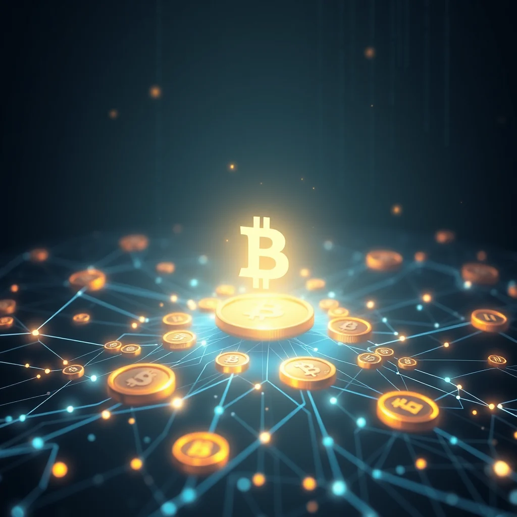 A glowing golden bitcoin symbol, prominently displayed on a golden coin, hovers above a network of interconnected nodes and lines on a dark background. Numerous smaller golden coins, each featuring a bitcoin symbol, are scattered throughout the network, illuminated by soft blue and orange lights.