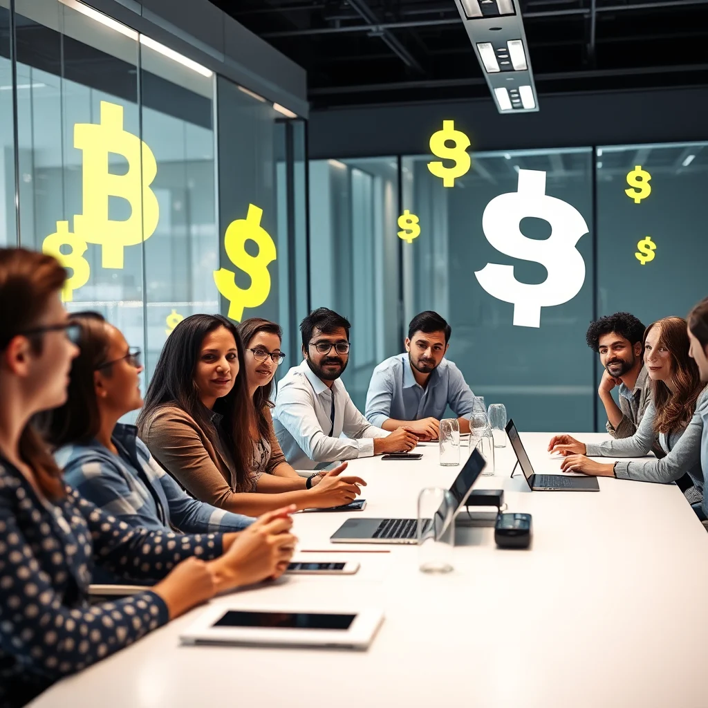 A group of diverse professionals in a modern office meeting room, with large yellow Bitcoin and dollar symbols superimposed on the glass wall behind them.