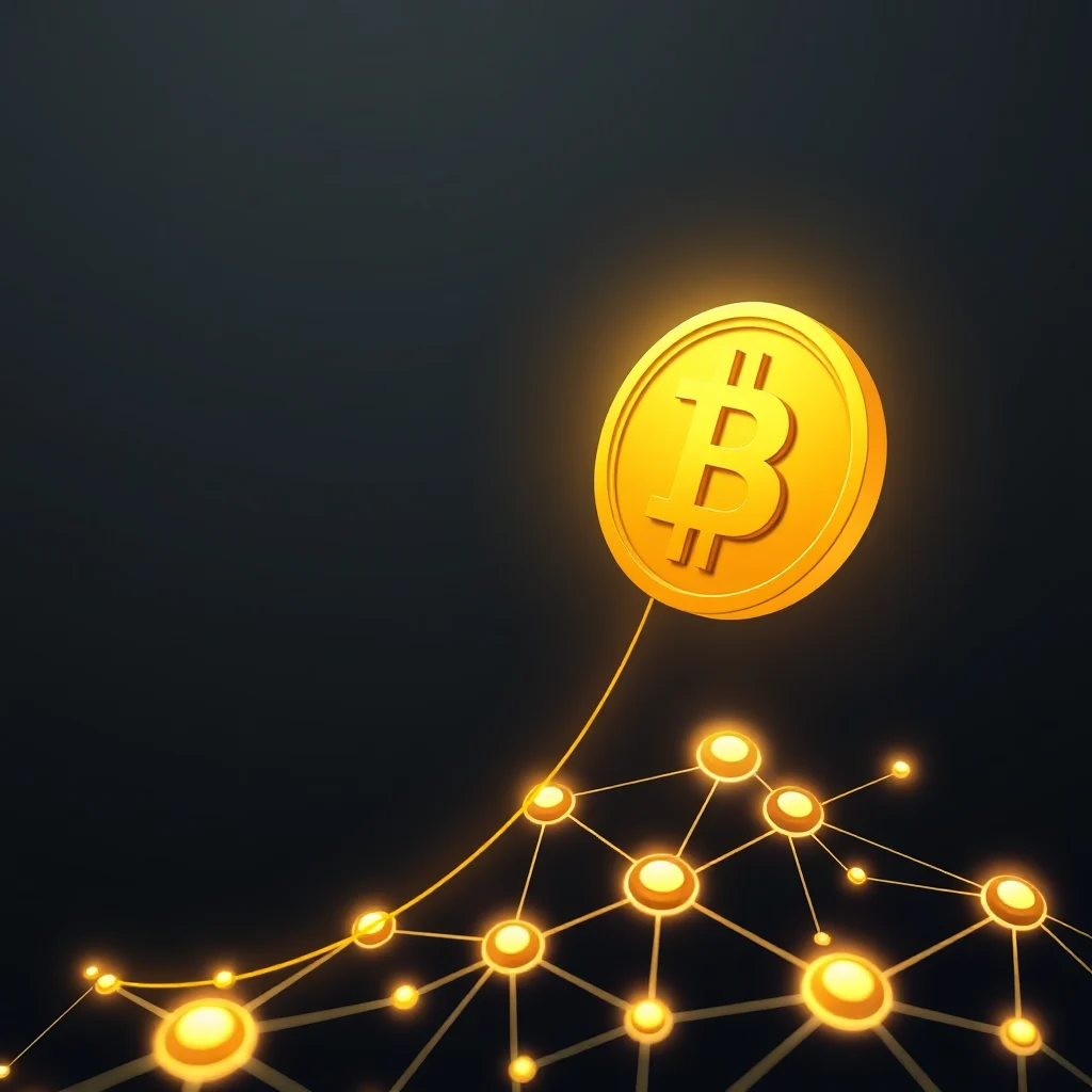 A golden bitcoin coin hovers above a glowing golden network of interconnected nodes against a dark background.