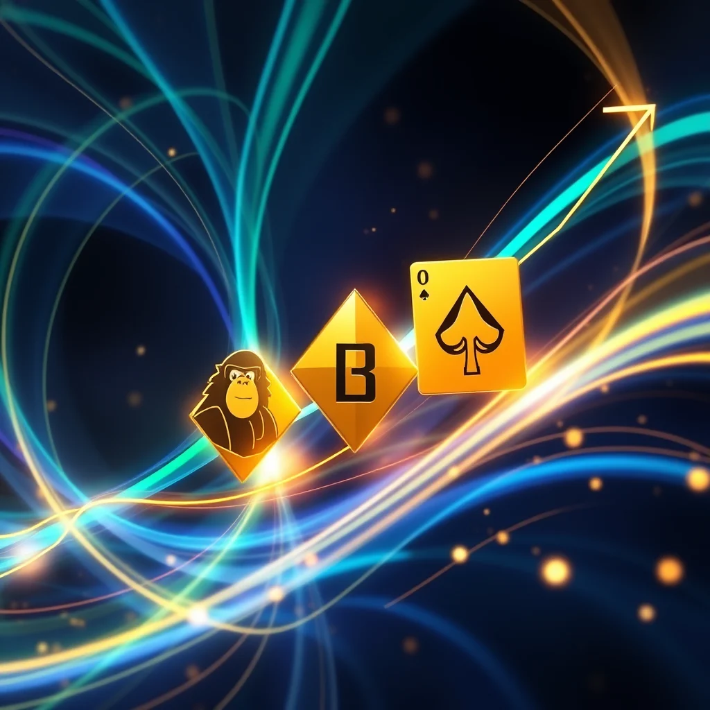 An abstract image with a dark blue background featuring swirling light streaks in blue, green, yellow, and orange. Three diamond-shaped icons are positioned diagonally from left to right, suggesting upward movement. The leftmost icon is a silhouette of a gorilla's head. The middle icon is a golden diamond with a black letter "B" inside. The rightmost icon is a golden playing card showing the ace of spades with a small number 0 above it.