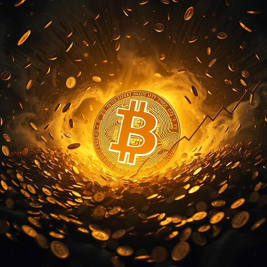 A golden Bitcoin coin is centered in the image, glowing brightly and surrounded by a swirling vortex of golden coins and smoke. A sharp, upward-trending line graph is visible behind the Bitcoin, suggesting financial growth. The overall impression is one of prosperity and the increasing value of cryptocurrency.