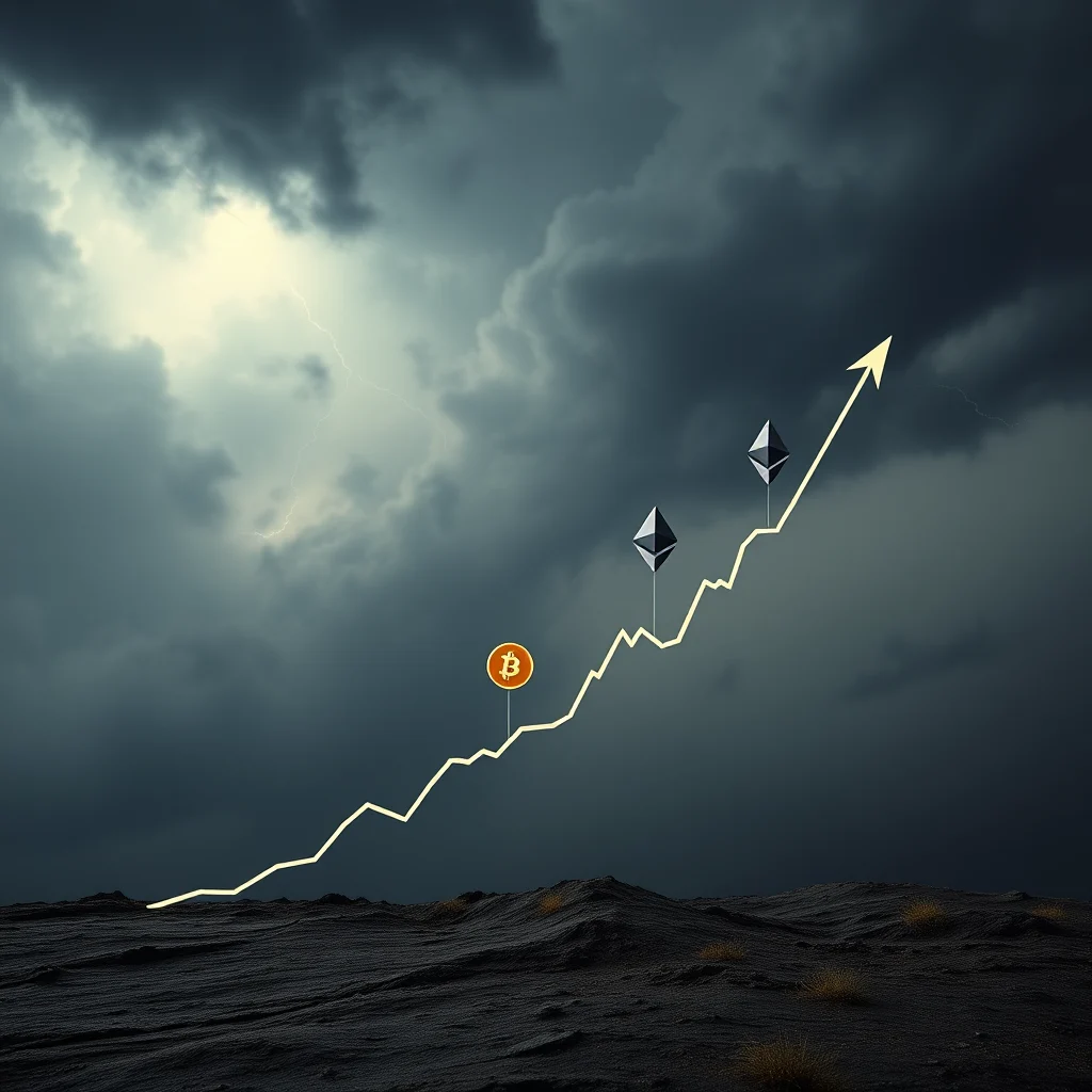 A golden line graph shows a steady upward trend against a dramatic, stormy sky with flashes of lightning. The graph begins at the bottom left, featuring a Bitcoin symbol, and progresses upwards, passing two Ethereum symbols before culminating in an upward-pointing arrow at the top right. The foreground depicts a dark, textured landscape that resembles rough terrain.