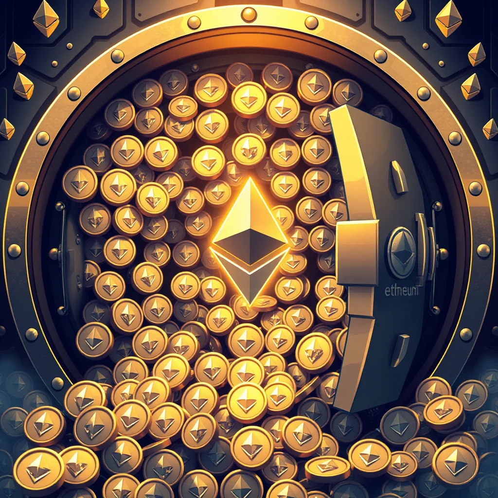 A vault door opens to reveal a treasure trove of golden Ethereum coins, with a large, glowing Ethereum symbol at the center.