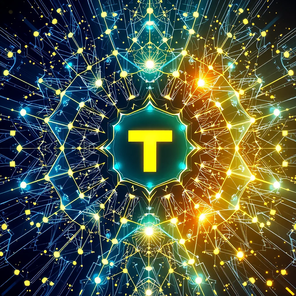 A neon yellow letter "T" is centered within a teal hexagonal frame, which is surrounded by a vibrant, intricate network of interconnected yellow and blue lines and glowing nodes, creating a futuristic, digital, and cosmic effect.