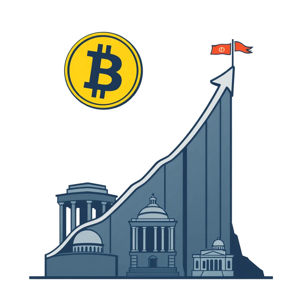 A stylized illustration depicts the rising value of Bitcoin, symbolized by a large yellow coin with a prominent "B" at the top. Below it, a graph shaped like a mountain range ascends, featuring outlines of classical-style buildings at its base. An upward-pointing arrow marks the peak of the graph, topped with a red flag bearing a symbol resembling a stylized "Φ".