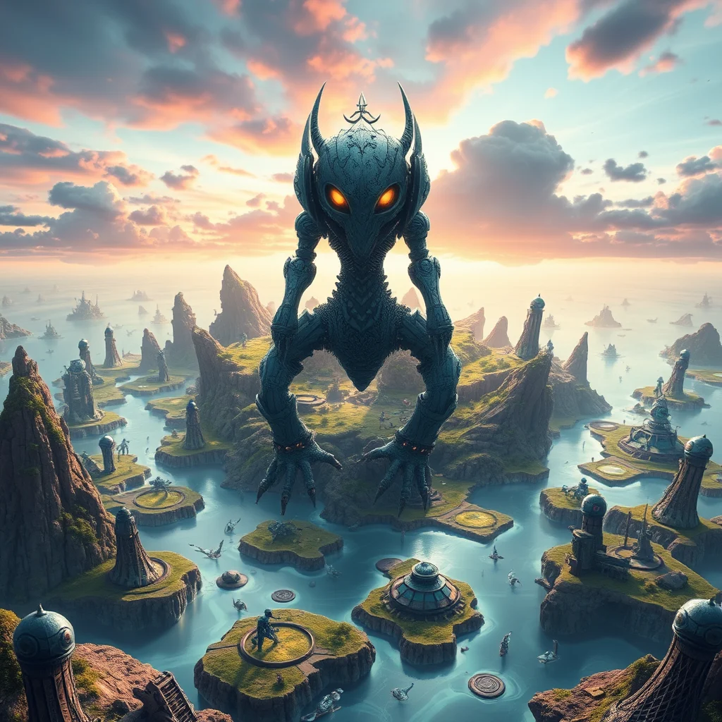 A giant, dark-blue alien creature with glowing orange eyes stands ominously in the center of the image, its limbs spread wide. It is hovering over a fantastical archipelago of islands dotted with strange, futuristic structures and ancient-looking towers. The islands are lush with greenery and separated by calm, blue water. In the background, the sky is painted with a dramatic sunset, featuring vibrant pink, orange, and yellow clouds. The overall scene evokes a sense of mystery, wonder, and a touch of alien dread.