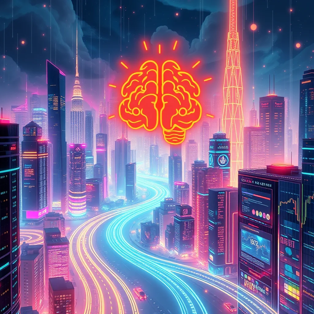 A neon-lit cityscape at night, with glowing brain-shaped light bulb symbol overhead, signifying innovation and intelligence.