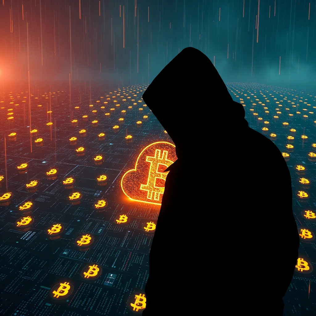 A silhouette of a hooded figure stands in front of a digital landscape filled with glowing Bitcoin symbols and a cloud with a Bitcoin symbol.