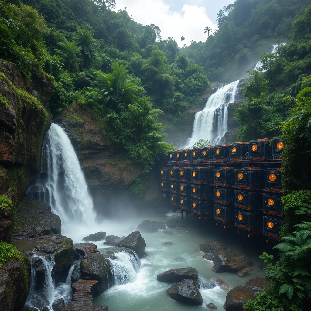 A multi-tiered waterfall cascades down a rocky, moss-covered cliff face into a turquoise river, with a lush green jungle canopy filling the background. To the right, a long, dark structure built over the water is stacked high with numerous dark, cubic modules, each illuminated with a bright orange Bitcoin symbol.