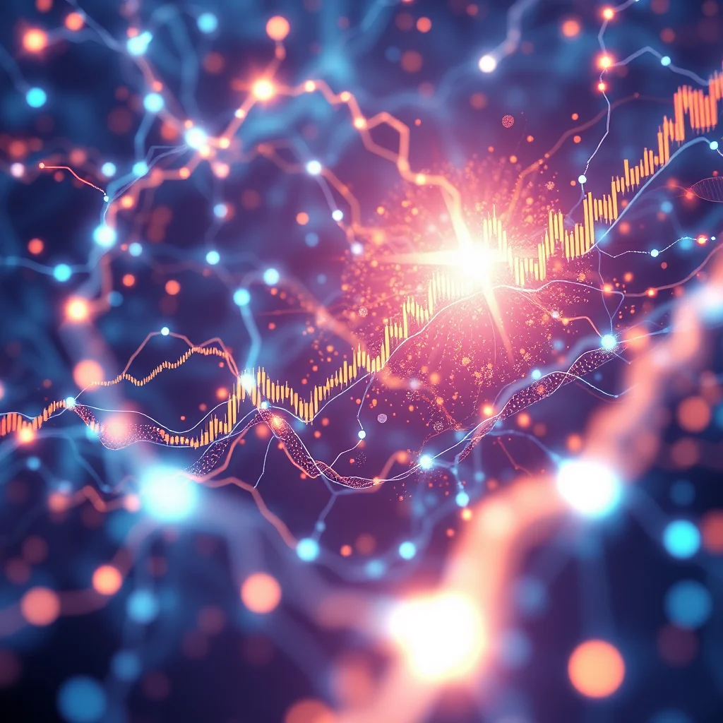 An abstract visualization of neural networks and financial data, featuring glowing blue and orange nodes connected by thin, wavy lines against a dark background. A bright, star-like burst of light is at the center, overlaid with a financial graph, suggesting data analysis and complex connections.