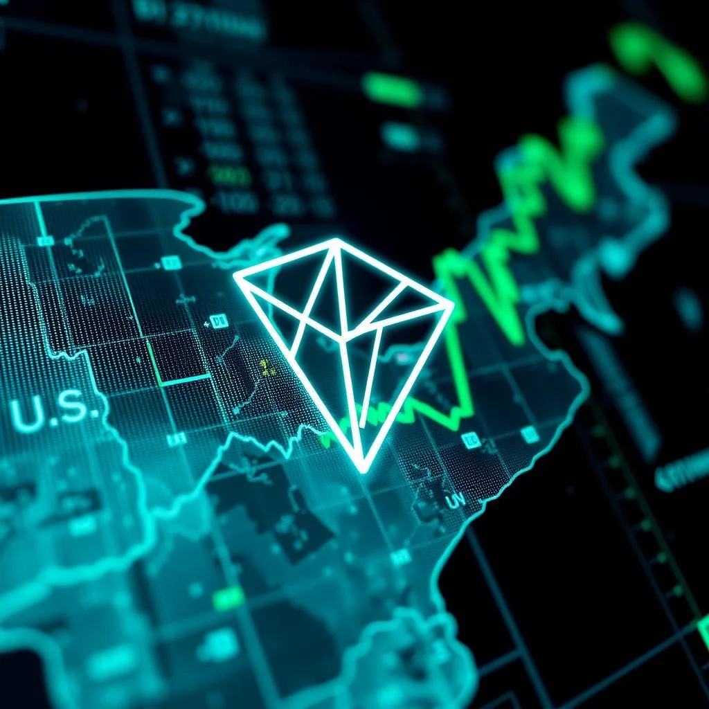 A glowing geometric diamond shape hovers over a digital map of the United States, with green stock market graphs in the background.