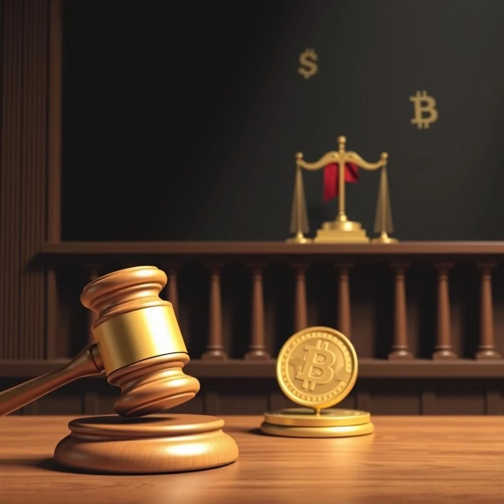 A golden gavel rests on a wooden block in a courtroom, with a Bitcoin coin on a stand to its right. In the background, a golden scale of justice is visible, along with a dollar sign and the Bitcoin symbol on the wall.
