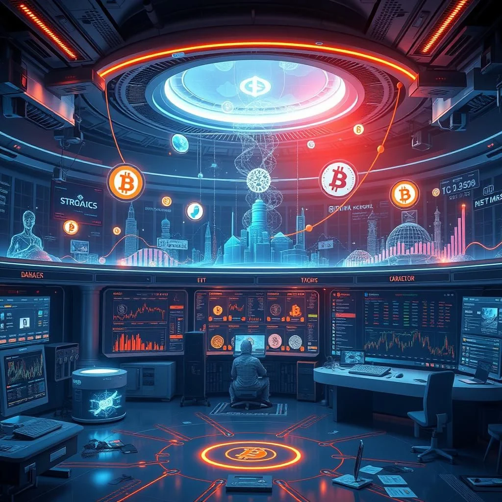A futuristic control room with glowing blue and orange lights, featuring multiple screens displaying financial data, charts, and Bitcoin symbols. A person sits at a console, facing away from the camera.