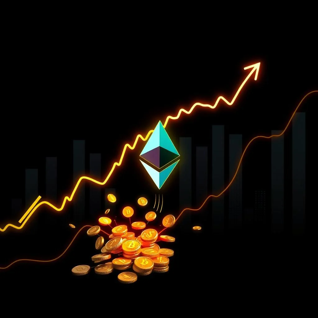 A 3D render shows a cryptocurrency chart with a bright yellow line graph indicating an upward trend, with bars representing a stock market chart in the background. In the center, an Ethereum logo glows, surrounded by a pile of gold coins that appear to be falling from it.