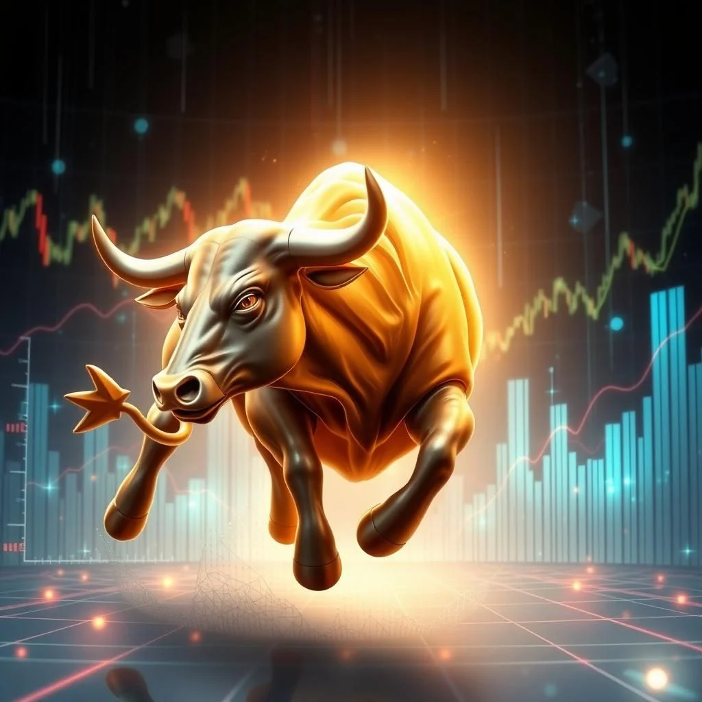 A golden bull statue is charging forward against a backdrop of abstract stock market data, with glowing bars and charts.