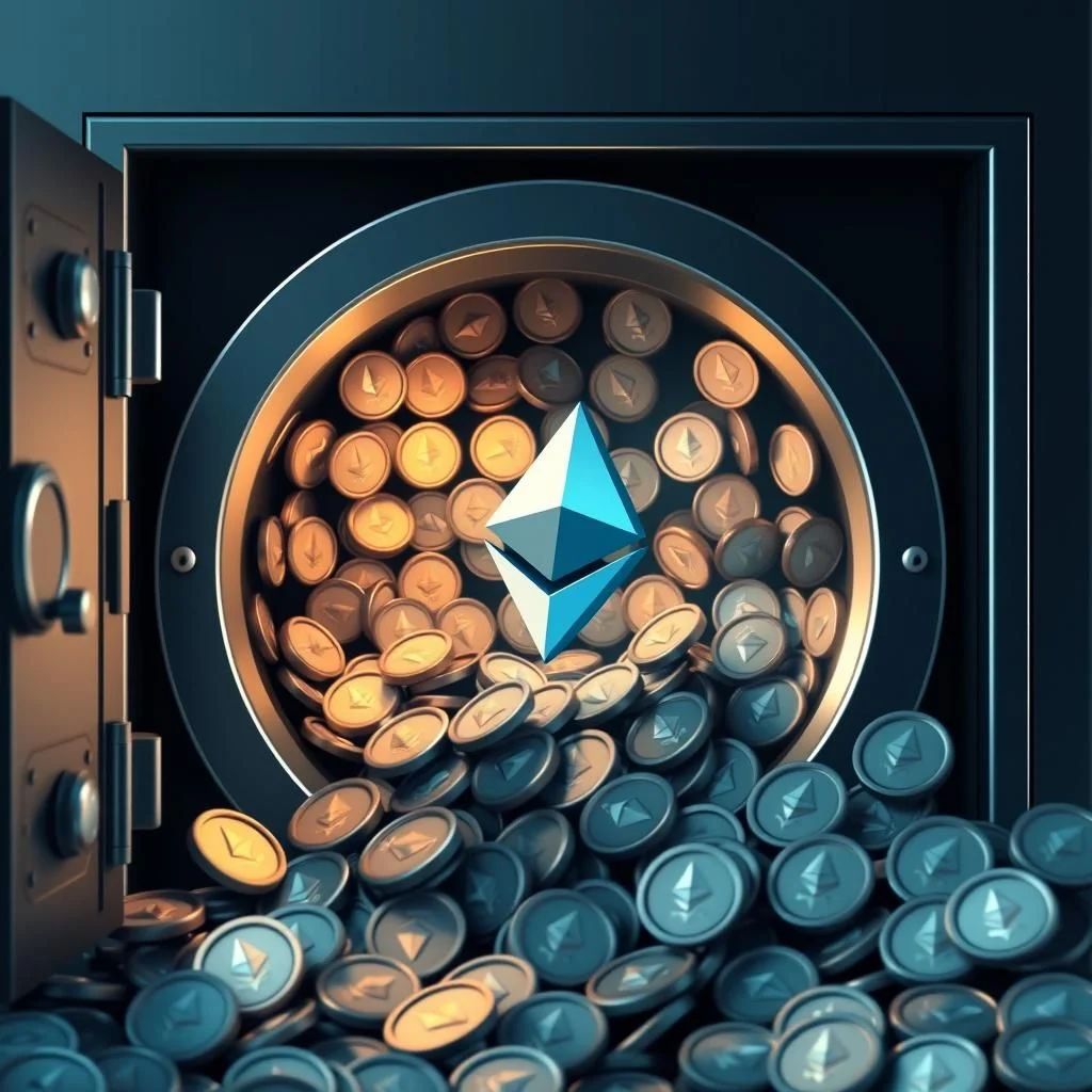 A digital Ethereum coin symbol hovers over a pile of gold and silver Ethereum coins overflowing from an open safe.