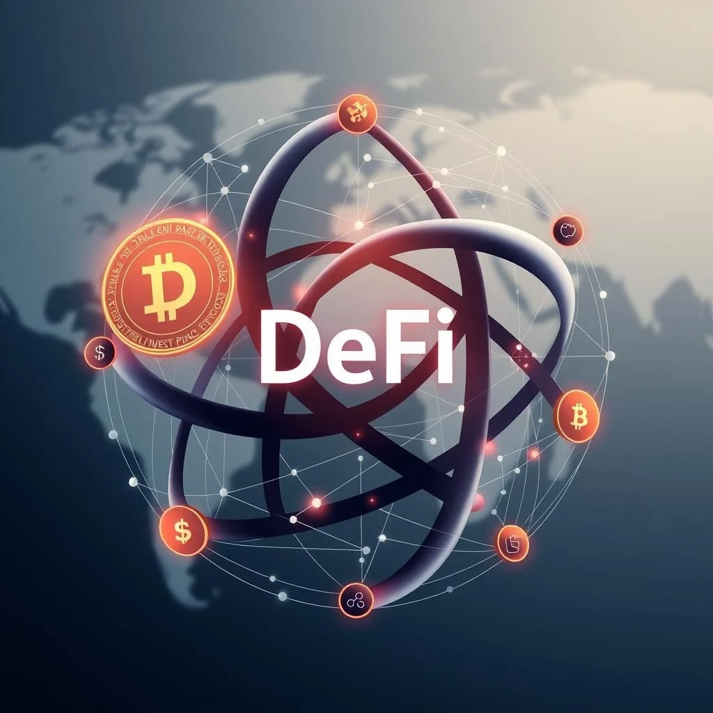 An artistic representation of Decentralized Finance (DeFi) with the word "DeFi" prominently displayed in the center, surrounded by interconnected glowing lines forming a globe-like structure. Various cryptocurrency symbols, including Bitcoin, Ripple, Ethereum, and a dollar sign, are embedded within this network, suggesting a global and interconnected financial system. The background features a faded world map, further emphasizing the global reach of DeFi.
