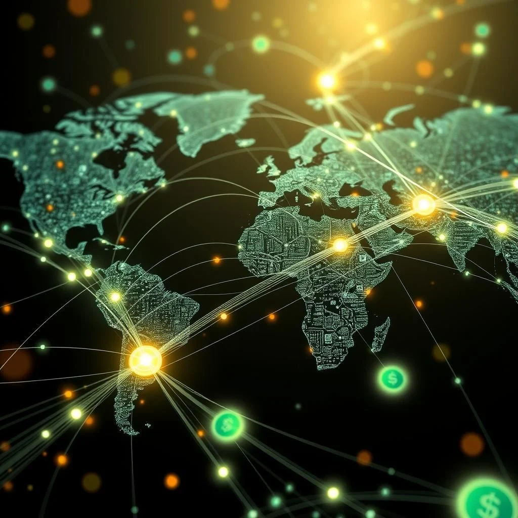 A digital representation of the world map with glowing green lines connecting various points, symbolizing global connectivity and financial networks.
