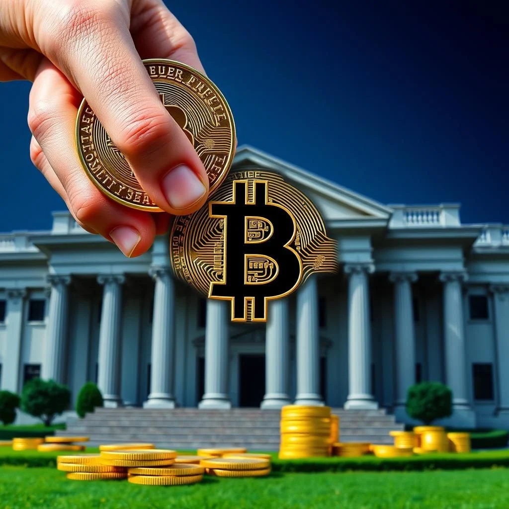 A hand holds two gold bitcoins against a backdrop of a classical white building with columns and a blue sky, with stacks of gold coins in the foreground on green grass.